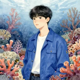 harmony blue jacket, tiny rainbow triangles, black haired yoongi, watercolor, under water, colorful coral, by wlop, james jean, victo ngai, muted colors, highly detailed, fantasy art by craig mullins, thomas kinkade
