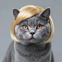 professional photo of a blue cat, blonde wig, studio lighting, very detailed, unreal engine, canon photo, professional lighting, good composition, winning award photo, real cat, real,