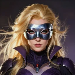 character concept portrait, symmetrical head - on centralized, dinah drake, ( ( mask ) ), blond, dark purple costume. detailed, high quality, dynamic lighting, fantasy. artwork by artgerm, wlop, alex ross, greg rutknowski, alphonse mucha
