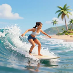 girl wave surfing on surfboard wave ocean beach palm tree, 3 d render, in game