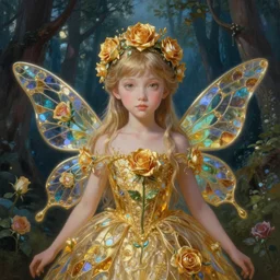 breathtaking detailed soft painting of a little fairy princess in a luxurious twilight forest by Ayami kojima, golden rose dress of stained glass floating around, detailed realistyc symmetrical facial features, 8k, concept art, matte, sharp focus, rembrandt style