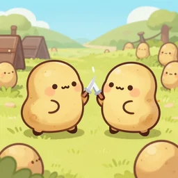 cute potatoes fighting on a battlefield, digital art