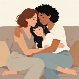 beautiful portrait of a mixed race lesbian couple cuddling on the sofa, 2 8 4, romantic, highly detailed, smooth, stylized, artistic, medium shot, vector line art, clean cel shaded vector art, by lois van baarle, ross tron, artgerm, helen huang, makoto shinkai, ilya kuvshinov, rossdraws