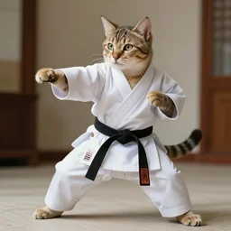 realistic photo of a humanoid cat wearing a karate uniform black belt in fighting pose