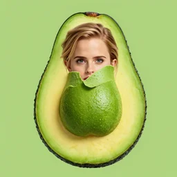 photograph of emma watson with green avocado skin with avocado texture, anthropomorphic, photoshop
