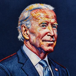 An embroidered portrait of Joe Biden