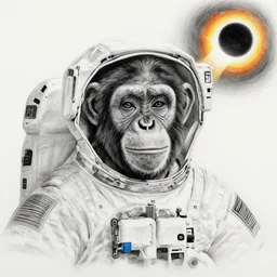 pencil art, realistic self portrait, astronaut with a chimpanzee, psychedelic, solar eclipse.