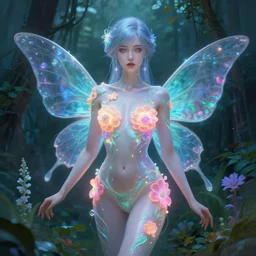 half body portrait of a beautiful cyber fairy, in a cyberpunk garden, elegant pose, body covers with neon flowers, realistic digital painting, artgerm, sakimichan, huang guangjian