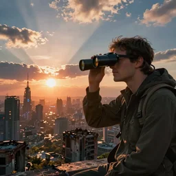 wanderer with night vision goggles, dramatic light, sunset, sunrays, cyberpunk city in the background, ruins, buildings, dystoptian, gorgeous view, depth, painted by Caspar David Friedrich, clouds, tending on artstation