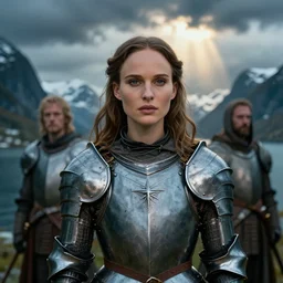 wizard, norway fjord, natalie portman, hudson river school, max rive, full plate armor, f 1 6, bokeh, gentle, female, snowy mountain, storm clouds, god rays, close up portrait, d & d, fantasy, elegant, teal orange color palette, concept art, roger deakins and greg rutkowski and alphonse mucha