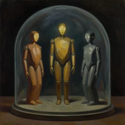 three biomorphic robotic seers watchers oracles soothsayers with glowing eyes, inside a dome, pj crook, grant wood, edward hopper, syd mead, chiaroscuro, oil on canvas