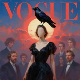 morning, raven bird perching on a headless woman in a black dress. sun, cinematic, clouds, vogue cover style, light red and deep blue mood, realistic painting, intricate oil painting, high detail, figurative art, multiple exposure, poster art, 3 d, by simon bisley, ismail inceoglu, wadim kashin, filip hodas, benedick bana, and andrew atroshenko.