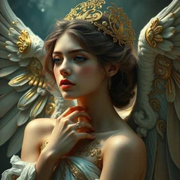 an intricate portrait painting of an artistic pose young beautiful elegant angel, klimt golden motives and textures, hyper - detailed, octane render, vivid colors, artstation, by jeremy mann, by gustav klimt