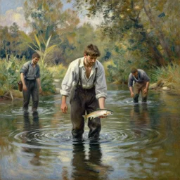 attractive fisherman wading through a river, reflective water, painting by tom of finland, gaston bussiere, craig mullins, j. c. leyendecker, claude monet