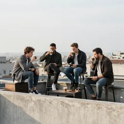 four men drinking coffee on top of a buidling