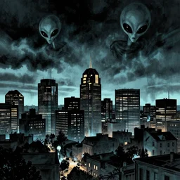 Winnipeg skyline with an alien invasion in the style of Stan stalenhag