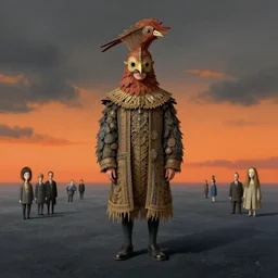 a still frame illustration of a a person wearing bird masquerade costume, on an empty planet, dark grey orange sunset clouds by quint buchholz, cheng hsiao - ron, wes anderson, fujita goro, edward hopper, rene magritte, simon stalenhag, fine details, ornate