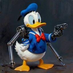 donald duck as terminator, digital painting, extremely detailed, 4 k, intricate, brush strokes, mark arian, artgerm, bastien lecouffe - deharme