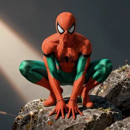 an orange and green spiderman by cedric peyravernay