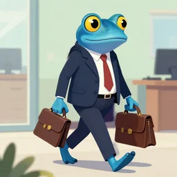 a blue frog with human legs and arms, going to work, he is wearing a business suit and is going to work, digital art