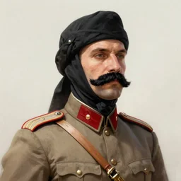 upper body photo of russian revolutionary commander in military clothes wearing burka hat with black moustache and saber, handsome, highly detailed, digital painting, artstation, concept art, smooth, sharp focus, illustration, art by gaston bussiere and alphonse mucha