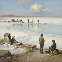 salt flats with scattered ruins, mirage, extremely detailed oil painting, rhads, sargent and leyendecker, savrasov levitan polenov, bruce pennington, studio ghibli, tim hildebrandt, digital art, landscape painting, trending on artstation, masterpiece