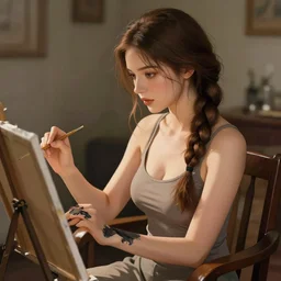 beautiful woman with braided brown hair, wearing a low cut tanktop, sitting in a chair, painting, dim color palette, in the style of greg rutkowski, high quality anime artstyle, intricate
