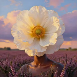 closeup, large flower as a head, an african woman in a heather field, surreal photography, golden hour, colorful clouds, impressionist painting, digital painting, artstation, simon stalenhag