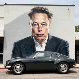 mural of elon musk with ancient car