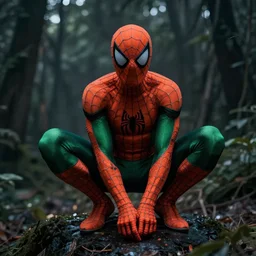 moody atmospheric render of an orange and green spiderman by greg rutkowski and marc silvestri made with unreal engine
