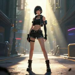 full length character design, digital art of a cyberpunk girl in a cyberpunk street with sunshaft