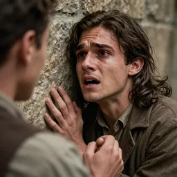 Close-up of an utterly terrified young man with long hair on the verge of panic tears cornered with his back against a stone wall. He is wearing a 1930s attire. He looks utterly panicked and distressed and is trying to protect himself from an assailant.