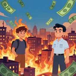 a City on fire, money flying through the skies, professional cartoon illustration, trending on artstation, illustrated by Michael Dante DiMartino and Bryan Konietzko, with Aaron Ehas