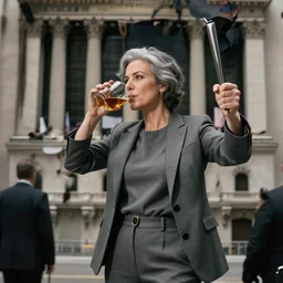 professional lady destroying wall street short sellers with her mind powers while drinking bourbon. gray hair, wearing gray clothes, in the style of sofonisba anguissola.