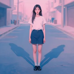 portrait of a beautiful girl, standing in an empty street, hard shadows, shades of pink and blue, by ruan jia, by john chamberlain, by francoise nielly