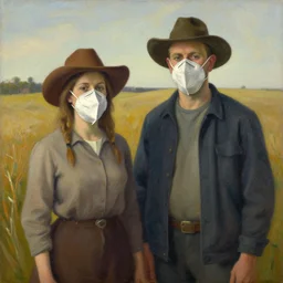 oil on beaverboard, by grant wood in the style of american gothic, of a couple of farmers wearing ffp 2 masks
