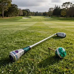 realistic beautiful hdr photograph of a royal golf club decorated with gemstones and a malachite handle, laying in the middle of a golf course