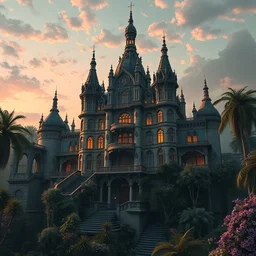 a beautiful hyperdetailed highly detailed chateau architecture urbex building nature unfinished building city by zaha hadid, otherworldly matte painting uranus postcyberpunk san andreas alien flowers at dawn vaporwave sunset neon noir junglepunk magic realism apocalyptic vice city bioshock cyberpunk, archdaily, wallpaper, highly detailed, trending on artstation.