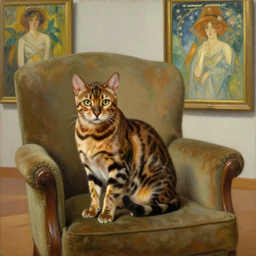 museum painting, medium - shot, bengal cat in the armchair, oil painting, matte painting, masterpiece, alicia rius, artgerm, yerka, rutkowski, mucha, kinkade