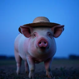 a pig wearing a straw hat at blue hour, twilight, cool, award winning 4 k photo, twilight cool light