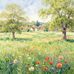 a hiper intricate watercolor of a beatifull serene field with some trees and poppys little village in the background, extremely detailed, sharp focus, wide view, smooth, digital illustration, colorfull, by william turner art, by greg rutowski, by monet, by carl larson, by edmund dulac
