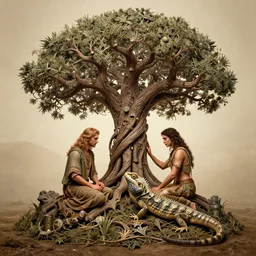 Adam and eve with a lizard, the tree of life, high detail, 8k, ornate, realistic, masterpiece, complex, WLOP, film still from the movie directed by Denis Villeneuve, wide angle