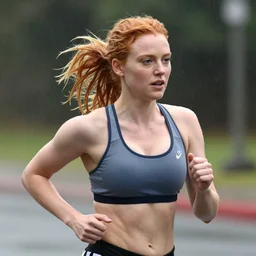 Christina Hendricks with wet large sports bra running, realistic photo shoot, raining, 4k, realistic,