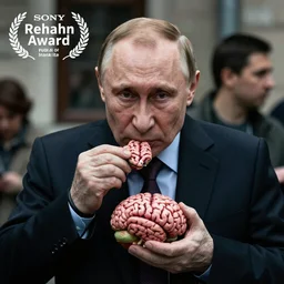 Vladimir Putin eating a brain, artstation, morbid, evil, dark photography, realistic, candid street portrait in the style of Rehahn award winning, Sony a7R,