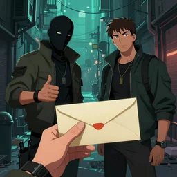 2 1 savage handing the viewer an envelope, detailed digital illustration by greg rutkowski, cyberpunk back alley, nighttime
