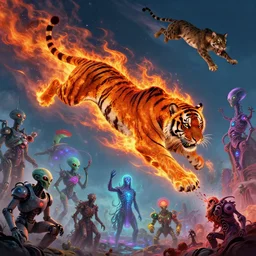 tiger made of fire flying in the sky ; cat flying in the sky ; panther flying in the sky ; humans being devoured ; aliens, robotic machines, gods, bio - mechanical intelligences, glitch creatures, dmt entity ; lsd art, trending on artstation, style greg rutkowski