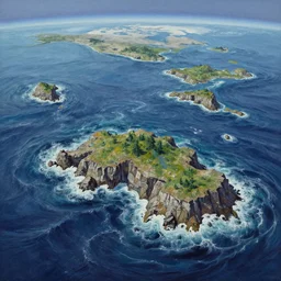 ultrafine hyperrealistic gouache wthis is a land on an unforgiving world of churning oceans and jagged coastlines. every habitable island is situated somewhere along the planet's equator where the weather is still volatile but more hospitable than any points to the north or south