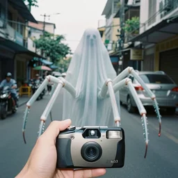 1 9 9 3, disposable camera, flash, pov, saigon street male : creature, many legs, standing, ghost like, blood drip