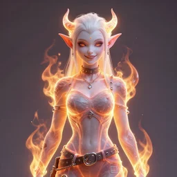 A portrait of a tiefling woman made out out translucent fire. She has a cute smile. Her clothes are totally punk-rock