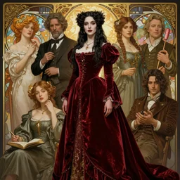 sargent and leyendecker and greg hildebrandt highly detailed portrait of a gothic woman with long hair, wearing a red velvet gown, stephen bliss, unreal engine, by greg rutkowski, loish, ferdinand knab, ilya kuvshinov, rossdraws, tom bagshaw, alphonse mucha, global illumination, radiant light, detailed and intricate environment